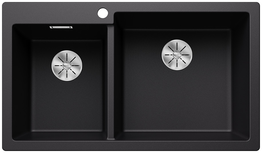 PLEON_9_SGP_black_525958_C_Web-PPT-JPG_72dpi_47197 - Τσιντώνης Πλακάκια Double black kitchen sink with two square basins and circular metal drains; faucet hole centered at the top edge.