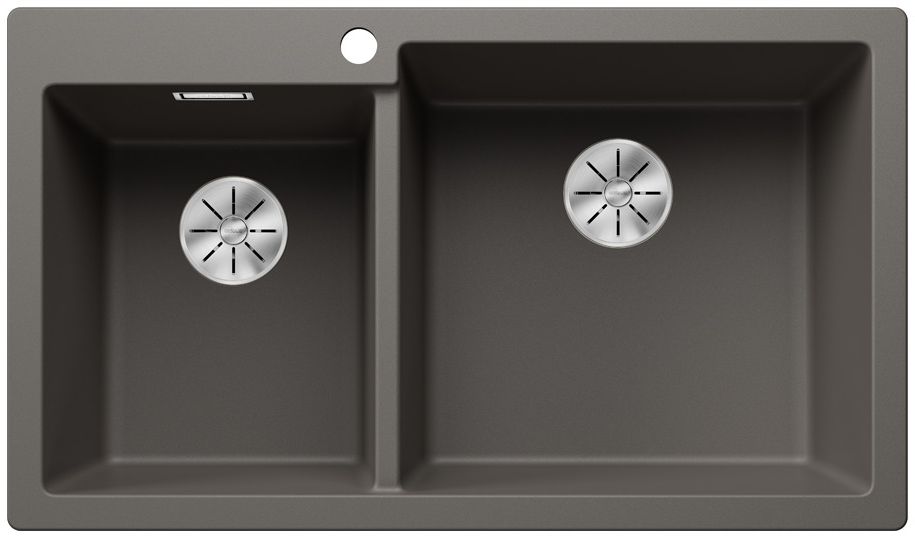 PLEON_9_SG_volcano-grey_C_Web-PPT-JPG_72dpi_187281 1 - Τσιντώνης Πλακάκια Gray double-basin kitchen sink with two round drains and a small circular hole along the top edge, shown from above.