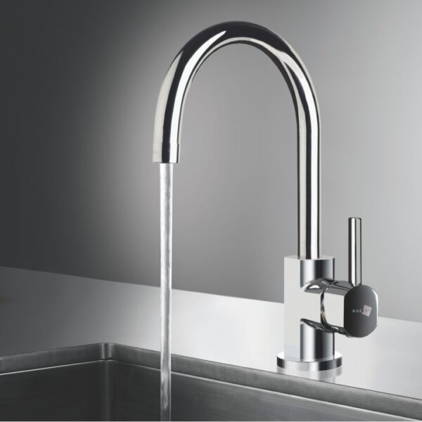 Chrome gooseneck kitchen faucet with water running into a stainless sink.