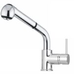Chrome kitchen faucet with curved spout and side lever handle, shown in chrome finish