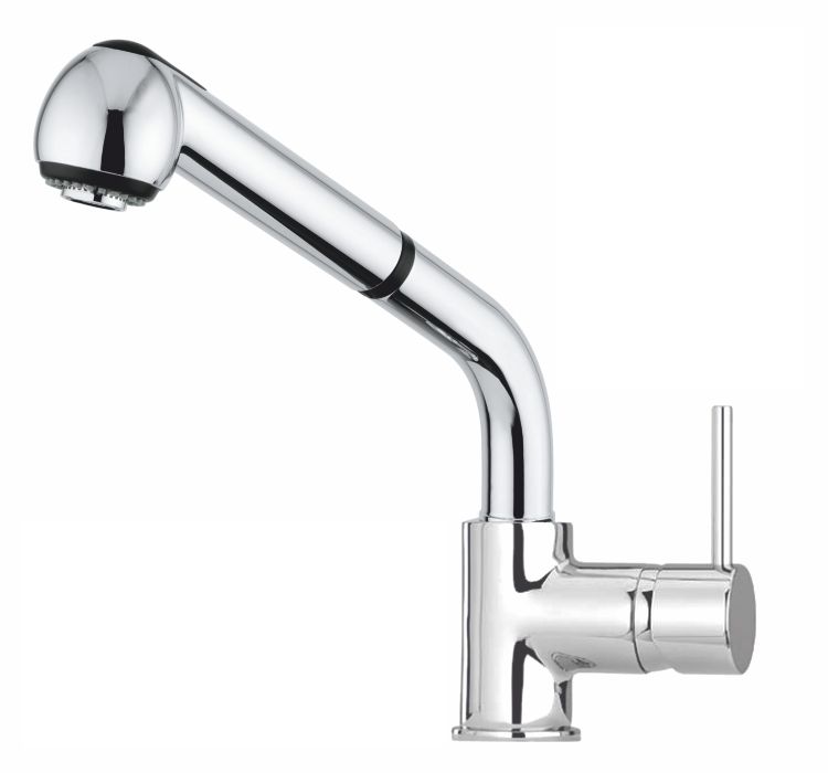 Rubi-705 1 - Τσιντώνης Πλακάκια Chrome kitchen faucet with curved spout and side lever handle, shown in chrome finish