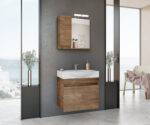 Modern bathroom featuring a wall-mounted wooden vanity with sink, mirror, and minimal decor against a dark wall, with large windows nearby.