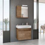 Modern bathroom featuring a wall-mounted wooden vanity with sink, mirror, and minimal decor against a dark wall, with large windows nearby.