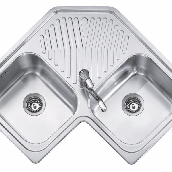 Double-basin stainless steel kitchen sink with a central faucet and ribbed draining board beneath the basins.