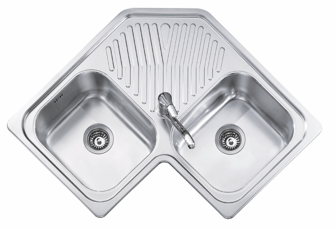 Silk-C200 - Τσιντώνης Πλακάκια Double-basin stainless steel kitchen sink with a central faucet and ribbed draining board beneath the basins.
