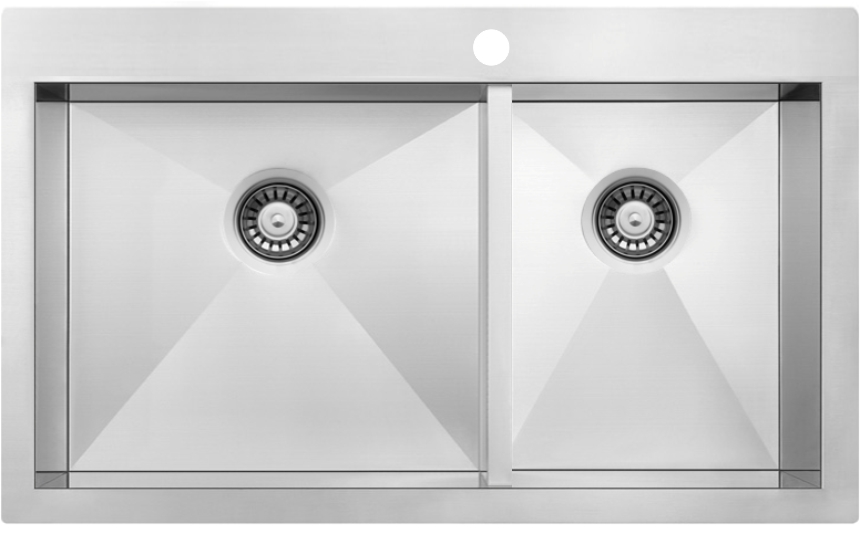 Square-N200 - Τσιντώνης Πλακάκια Double-basin stainless steel kitchen sink with two drains and a central divider (top view).