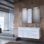 Modern bathroom with a white double-sink vanity, wall cabinet, and brown tiled wall