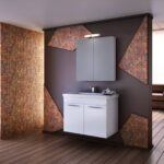 Modern bathroom vanity with a white cabinet and gray wall-mounted mirror cabinet against a dark brown accent wall with colorful mosaic tile panels on either side.