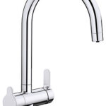 Chrome curved kitchen faucet with a single lever handle