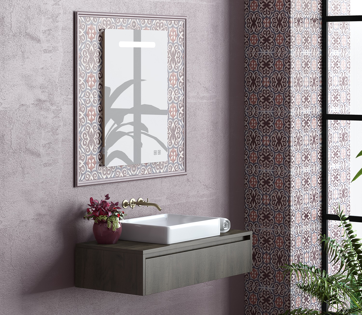 Vienna_90-75-60_walnut_side_ultra-SITE - Τσιντώνης Πλακάκια Wall-mounted wooden vanity with a white rectangular sink and brass faucet, ornate framed mirror, purple textured wall, patterned curtains, and a potted plant nearby.