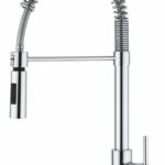 Chrome pull-down kitchen faucet with flexible spring neck and single-lever handle.