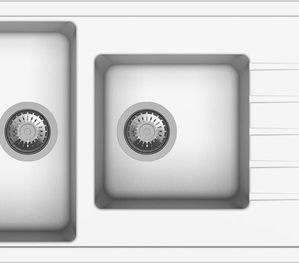 Two square stainless steel kitchen sinks of different sizes in a white countertop, each with a circular drain.