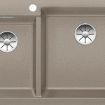 Brown double kitchen sink with two basins and round metal drains; divider between bowls.
