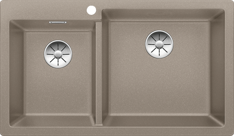 pleon9tar - Τσιντώνης Πλακάκια Brown double kitchen sink with two basins and round metal drains; divider between bowls.