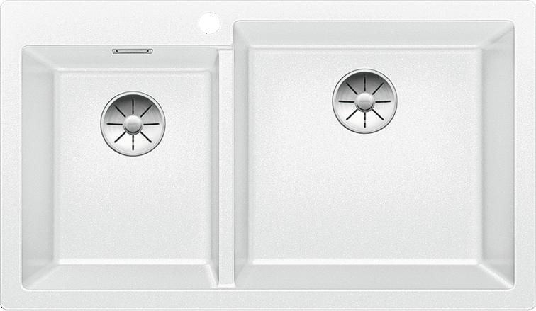 pleon9white - Τσιντώνης Πλακάκια Top-down view of a white double-basin kitchen sink with separate left and right basins and metal drain inserts