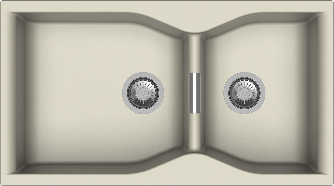 prestige-colorado - Τσιντώνης Πλακάκια Double kitchen sink with two basins and a central divider, each basin with a round drain and strainer, on a beige counter surface.
