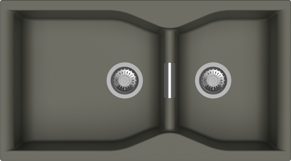 prestige-pearl 1 - Τσιντώνης Πλακάκια Top-down view of a double-basin kitchen sink with two circular drains and a central divider