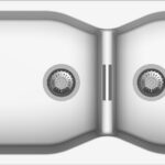 Top-down view of a symmetrical double-basin stainless steel kitchen sink with two circular drains in each basin.