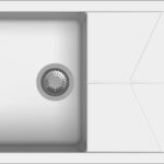 Top-down view of a square kitchen sink with a circular drain on the left and a light gray draining board to the right.