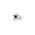 Close-up of a polished chrome door lever with a circular base against a white background.