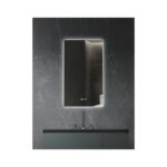 Tall, slim black bathroom cabinet mounted on a dark marble wall above a gray vanity with a chrome faucet.
