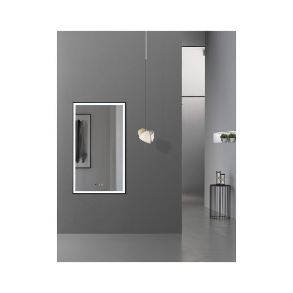 Modern grey interior with a large framed mirror on the left, a pendant light hanging from the wall, and a black wire-side table with a plant near an open doorway on the right.