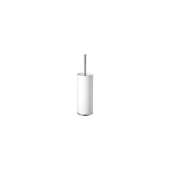 Minimalist white cylindrical stand with a vertical chrome rod sticking up from the top.