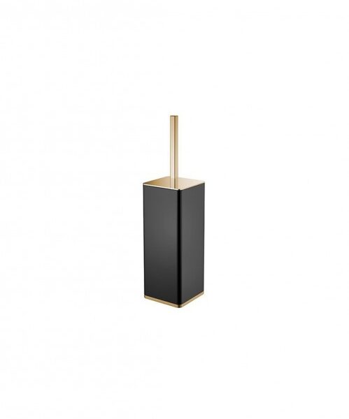 Black rectangular toilet brush holder with a light wood handle standing upright in a bathroom setting (modern design).