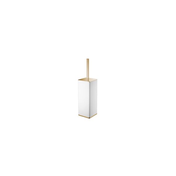 Tall white rectangular perfume bottle with gold cap and base on a white background, product display.