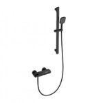Black vertical shower rail with a handheld shower head and a wall-mounted mixer with a flexible hose.
