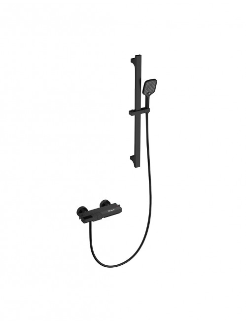 στηλη-ντουζ-7012pb-diggy01 - Τσιντώνης Πλακάκια Black vertical shower rail with a handheld shower head and a wall-mounted mixer with a flexible hose.