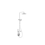 Chrome shower system with a large circular rain head and a handheld shower on a vertical rail against a white background; includes hose and controls.