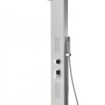 Vertical chrome shower panel with rainfall overhead head, built-in body jets, and a handheld shower on a hose with two control switches