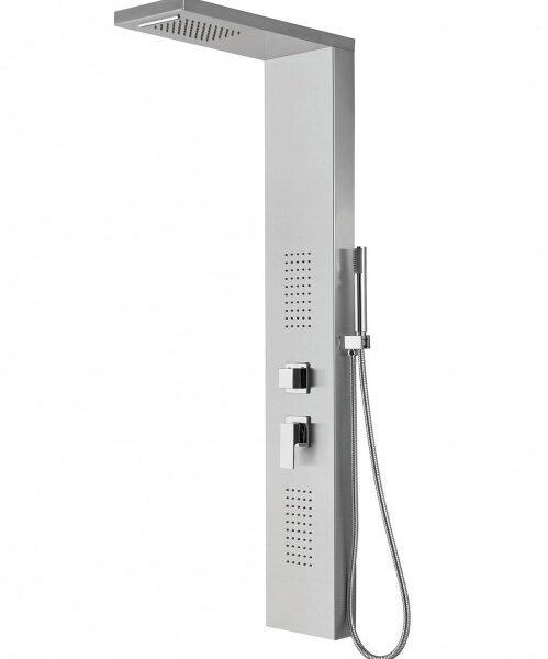 Vertical chrome shower panel with rainfall overhead head, built-in body jets, and a handheld shower on a hose with two control switches