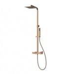 Bronze shower system with a square rain head, vertical bar, handheld shower on a rail, and wall-mounted mixer.