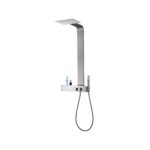 Modern chrome shower system with square rainfall showerhead and vertical support bar, built-in mixer and handheld hose