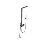 Black bathroom shower system with a tall vertical bar, a ceiling-mounted rain shower head, and a separate handheld shower with hose
