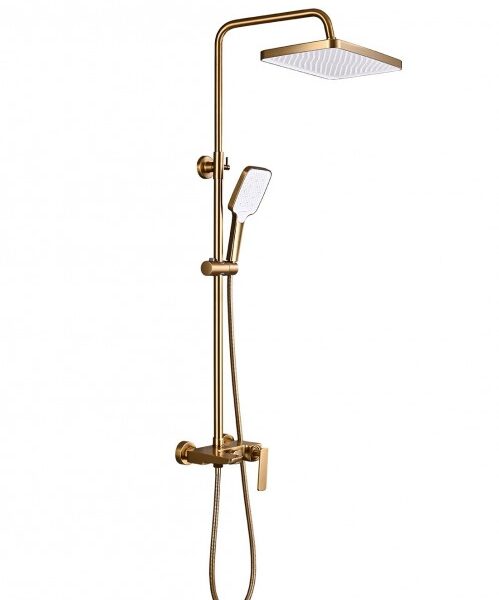 Gold brass shower system with a square overhead rain head and a handheld wand on a vertical rail, wall-mounted