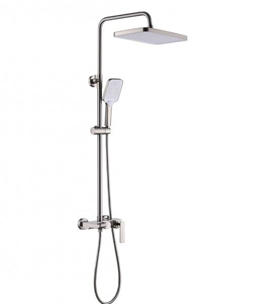 Chrome shower system with an overhead square rain head, a handheld wand, and wall-mounted controls on a chrome bar.