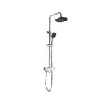 Chrome shower system with large overhead rainfall head and a handheld spray, mounted on a vertical bar.