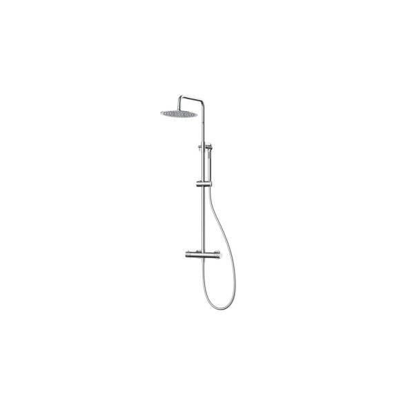 Chrome shower system with a large round rain head and a handheld sprayer on a vertical bar, against a white background
