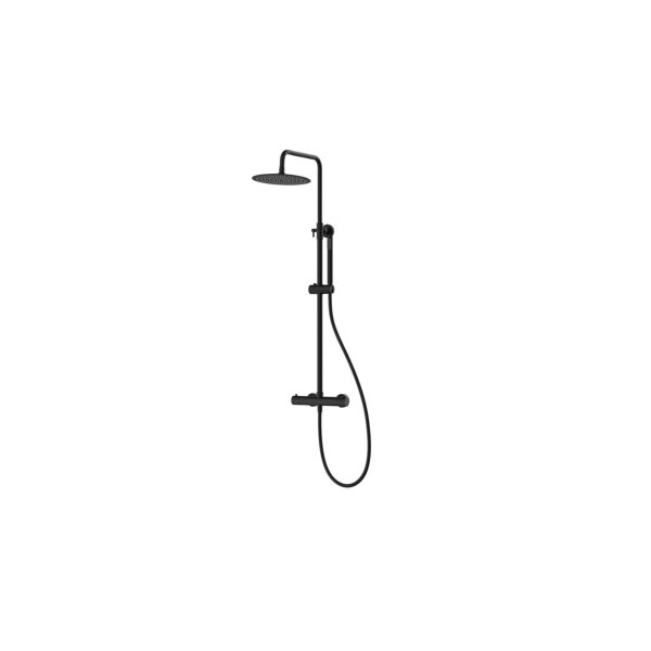 Black ceiling-mounted shower system with a large circular rain head and a handheld wand along a vertical pipe