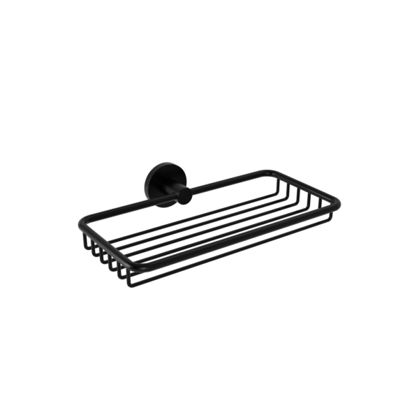 Wall-mounted black metal shower shelf with a rectangular frame and multiple bars for holding toiletries.