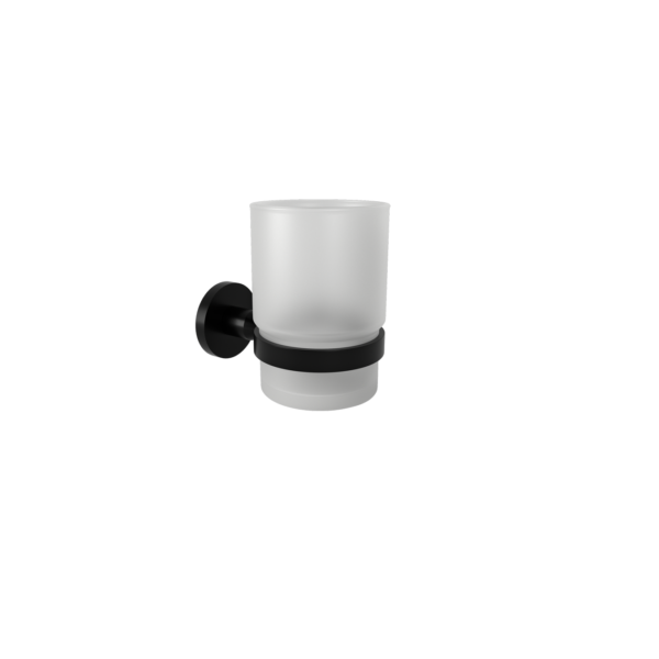 Wall-mounted frosted glass tumbler with a black cylindrical holder and base.