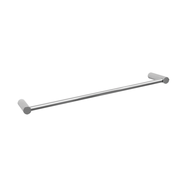 Diagonal stainless steel handrail with rounded end mounts on the wall.