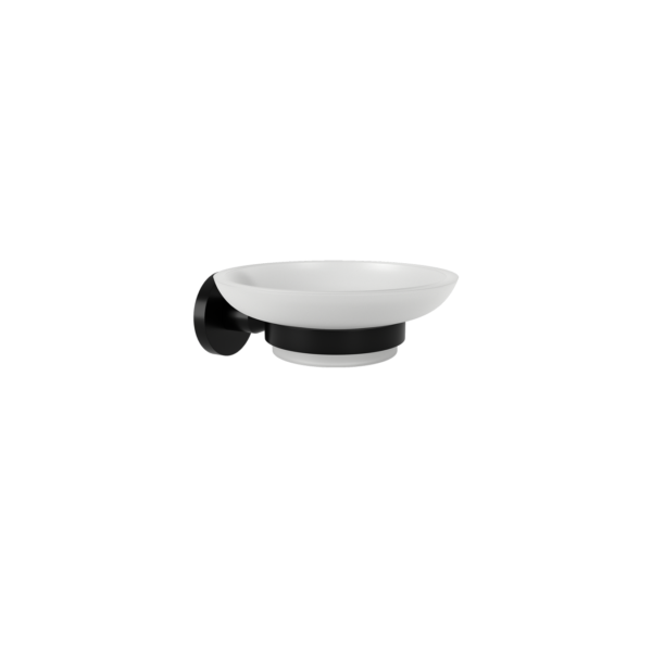 White ceramic wall-mounted soap dish with black mounting bracket.