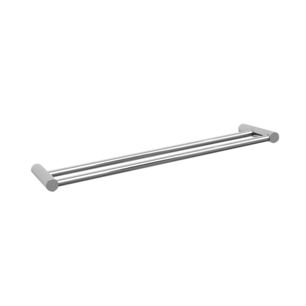 Two parallel silver metal bars with white end caps placed diagonally on a white background, resembling a chrome exercise bar.