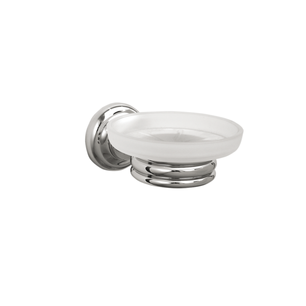 Chrome wall-mounted soap dish with a frosted glass tray