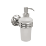 Chrome wall-mounted soap dispenser with frosted glass bottle and pump