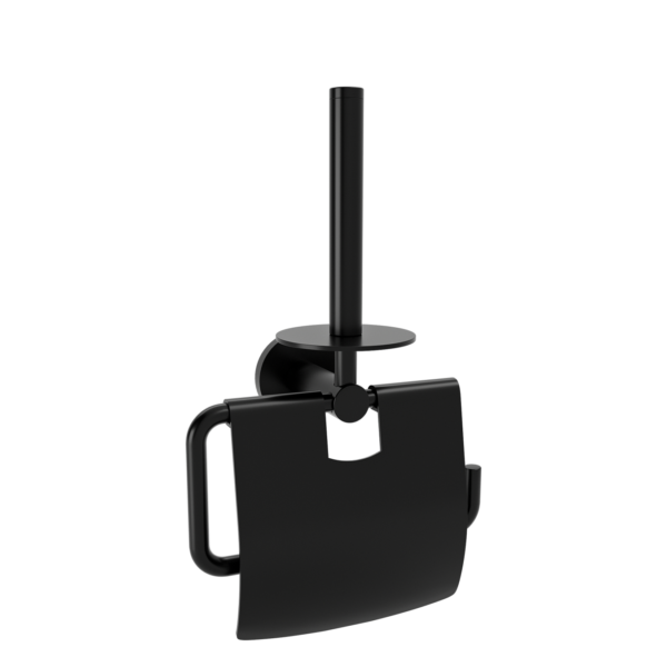 Black desk-mount stand with a vertical pole and circular support plate, clamped to a surface at bottom.